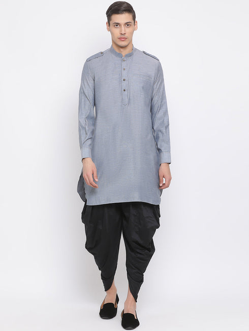 Vastramay Men's Grey Cotton Blend Kurta and Black Dhoti Set